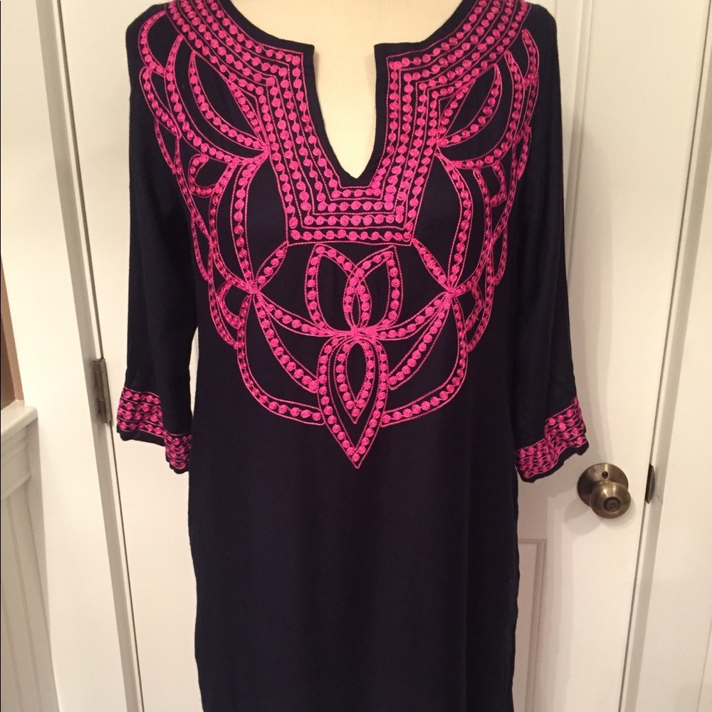 GRETCHEN SCOTT DRESS MINI SHIFT TUNIC BLUE PINK 3/4 SLEEVE Size XS